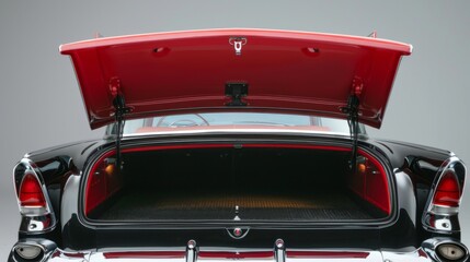 Fototapeta premium Open clean trunk of retro car back view, Rear view old car with open trunk, headlight, bumper