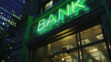 Obraz premium A bank building with a neon sign that says 