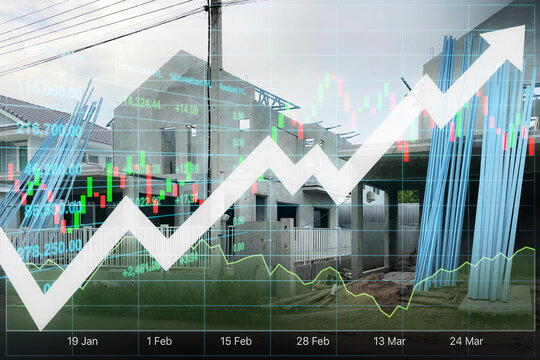 Stock financial index with graph and chart show successful investment on construction industry and property business for report and presentation background.