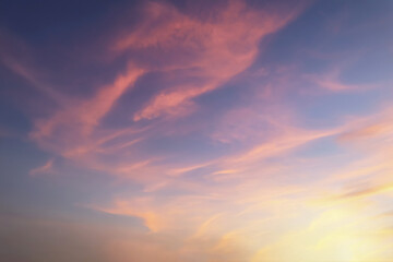 Dramatic atmosphere panorama view of colorful blurry and soft twilight sky and cloud background for silhouette graphic presentation.