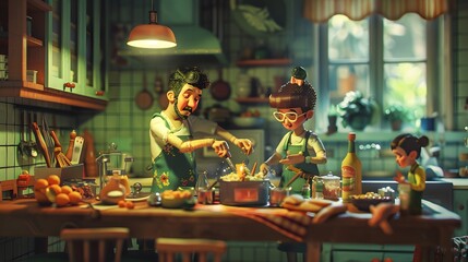 Naklejka premium Family Cooking Together in a Cozy Kitchen