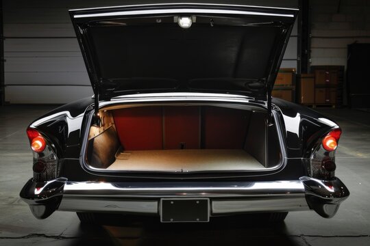 Open clean trunk of retro car back view, Rear view old car with open trunk, headlight, bumper