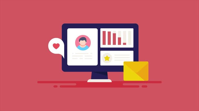 AI driven CRM software manging customer data analytics and marketing communication, business solution concept, video animation.