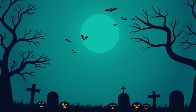 Halloween background with scary pumpkins on full moon night with graveyard and flying bats. Silhouette of trees and grass. Vector illustration
