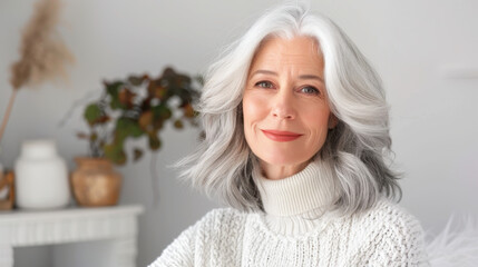 Mature woman with graceful silver hair smiling warmly in a cozy indoor setting, showcasing confidence and beauty