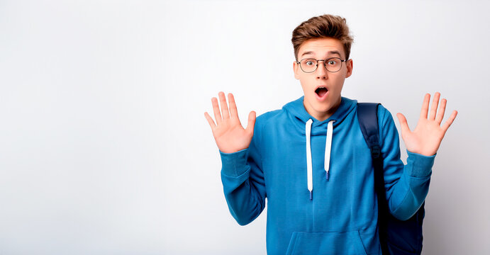 Estudiante sorprendido sobre fondo blanco con espacio para copia