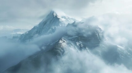 A misty mountain morning with fog enveloping the peaks.