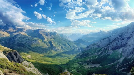 Fototapeta premium A panoramic view of mountains and a tranquil valley below.