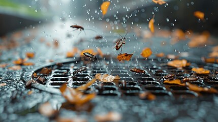 A swarm of cockroaches emerges from a sewer grate.