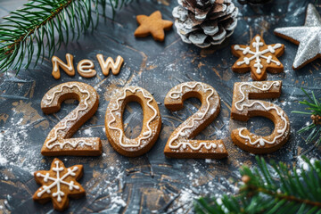 2025 gingerbread numbers, new year biscuits greeting card, gingerbread cookies celebrate banner