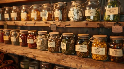 A shelf full of jars with labels on them