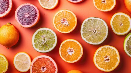 Obraz premium A variety of fresh citrus fruits cut in half, arranged on a bright background.