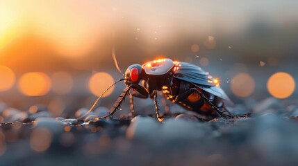 A futuristic cyborg cockroach explores a post-apocalyptic landscape.