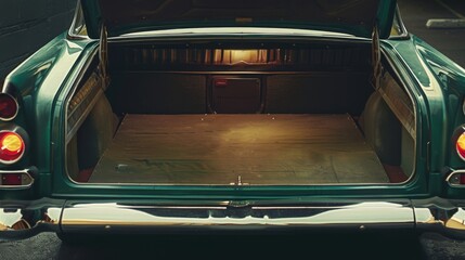 Open clean trunk of retro car back view, Rear view old car with open trunk, headlight, bumper