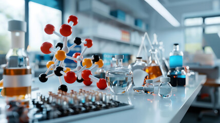 Close-up of a modern laboratory with various chemical glassware, molecular structure model, and vials on a white countertop against a background of shelves and equipment.