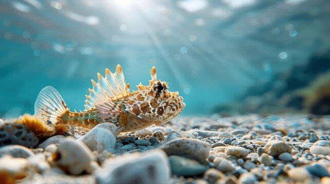 A stonefish camouflaged on the rocky seabed.