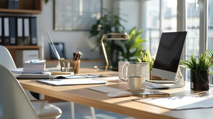 Clean and organized office desk with business materials.