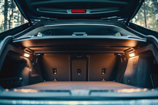 Open clean trunk of retro car back view, Rear view old car with open trunk, headlight, bumper