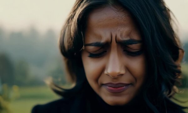 A young Latin woman in black clothing weeps at a cemetery. Tears roll down her cheeks. Mourning face expressing grief. Memorial Day, Patriot Day