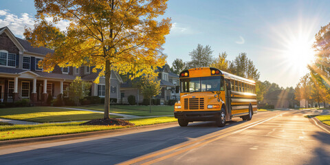 Obraz premium A school bus rides in the early fall morning sunshine down a cozy street with cottages, green lawns and beautiful trees with yellow foliage