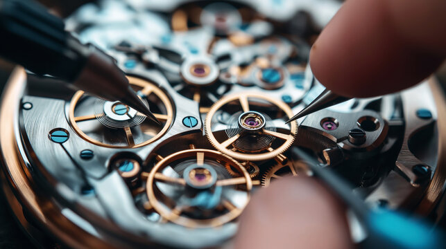 Close-up of watchmaking tools and intricate gears, showcasing the detailed craftsmanship in the assembly or repair of a mechanical watch.