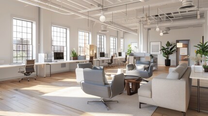 Open office layout with stylish furniture and natural lighting.
