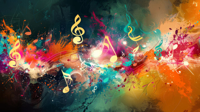 Music is a form of art that involves creating and performing melodies, songs, and playlists. It uses various musical elements such as treble clefs and notes to create harmonious tunes.