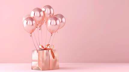 Pink and rose gold paper bag, frame for certificate, card or envelope with balloons. Festive design for branding or company. 3D illustration.