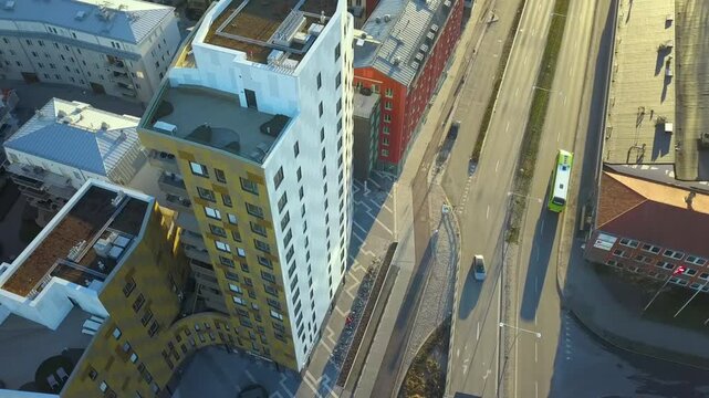 Aerial view of Swedish apartment buildings in Linkoping residential area. Family condos housing development in Sweden city