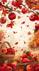 A vibrant advertisement layout for an apple picking harvest festival with an autumn theme, 