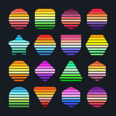 Fototapeta premium Vintage sunset collection. Various colorful striped sunrise badges in 80s and 90s style. Sun and ocean view, summer vibes, surfing. Design element for print, logo or t-shirt. Vector illustration