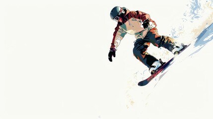 Design an illustration of a snowboarder performing a trick mid-air, with a solid white background to represent snow. 
