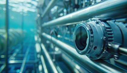 Naklejka premium An underwater close-up of an AI camera system, providing real-time video feed and analysis of fish behavior in a sea cage
