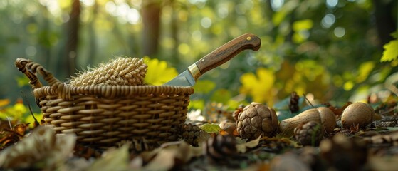 Gathering Tools: Foraging Knife and Basket in Enchanting Woodland Setting