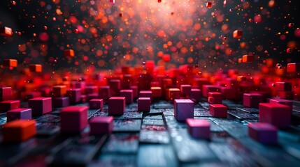 Fototapeta premium Red Cubes Falling On Dark Surface