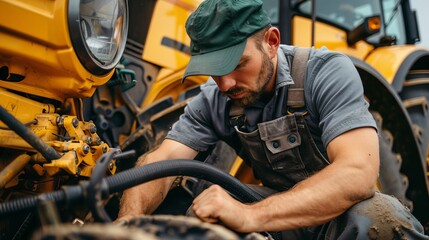 Mechanic Working On Tractor Engine