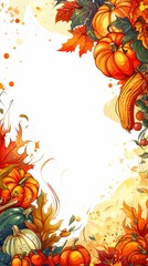 A harvest festival poster template with an autumn theme and a bonfire focus, including a clean and empty composition with a decorative border of a bonfire, pumpkins, and seasonal produce. The layout