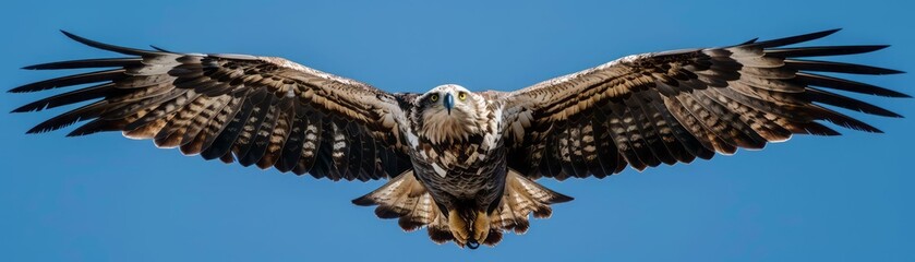 A majestic bird of prey soaring gracefully through a clear blue sky, showcasing its powerful wings and keen eyesight.