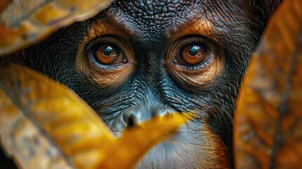 cute orangutan peeking out from behind the leaves in a closeup shot