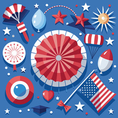 Obraz premium Independence Day poster, banner, foil balloon flyer, paper fan, and confetti for July 4. American flag colors. Minimalism flat lay design.