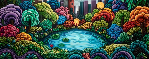Obraz premium Vibrant landscape featuring a serene pond surrounded by colorful foliage and city skyline in the background.