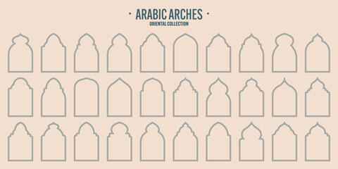 Islamic frames, oriental style objects. Arabic shapes, windows and arches. Traditional ornamental banner, frame. Muslim holidays, Ramadan Kareem. Modern eastern architecture. Vector illustration