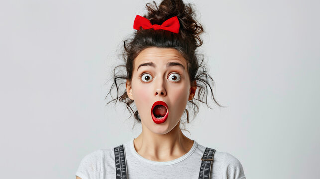 Woman, portrait and shock in studio for drama, gossip and wtf or omg for sale on white background. Female person, surprise and overwhelmed for deal or info, open mouth and wow or mind blown and what&nbsp;