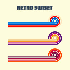Horizontal vintage sunsets. Various colorful striped sunrise badges in 80s and 90s style. Sun and ocean view, summer vibes, surfing. Design element, print, logo or t-shirt. Vector illustration