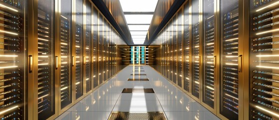 Shiny Gold-Plated Data Center Servers Showcasing Cutting-Edge Storage Technology