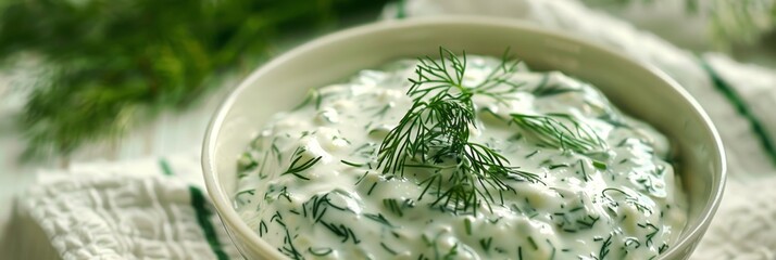 Obraz premium Dill sauce in bowl, tzatziki greek dip, tarator, cacik or tartar with lemon, dill dressing, mayo, yogurt cream
