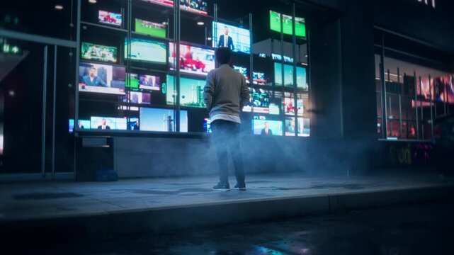 Man Standing Alone in Front of an Electronics Store on a Wet Sidewalk and Watching Multiple Broadcasts on a Storefront Television Display at Night. Channels Show News and Entertainment Programs