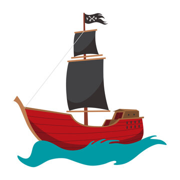 recommend clip art: Stylized cartoon pirate ship illustration with black sails. Cute vector icon. Pirate Ship sailing on water