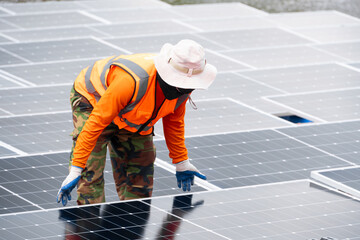 Professional Engineer Service Floating Solar Panel. Worker Maintenance Cleaning Replacing Solar Panel. Solar photovoltaic panel system in Industry lake. Saving Energy with Clean Power.