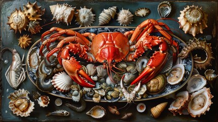 Seashells and crab on a plate. Seafood platter display